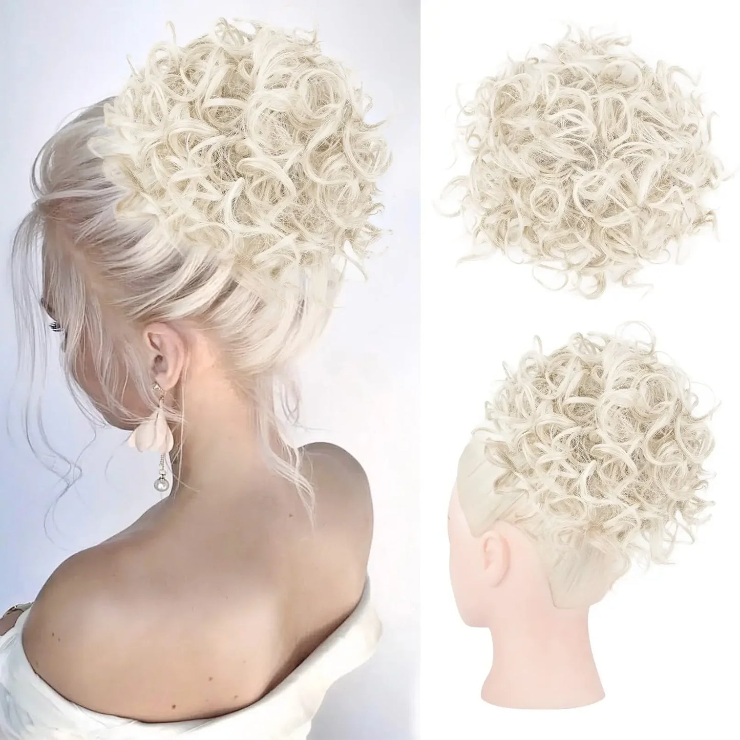 Synthetic Messy Curly Hair Bun – Short Loose Wave Updo Ponytail, Blonde Chignon Hairpiece, Heat-Resistant Extensions for Women