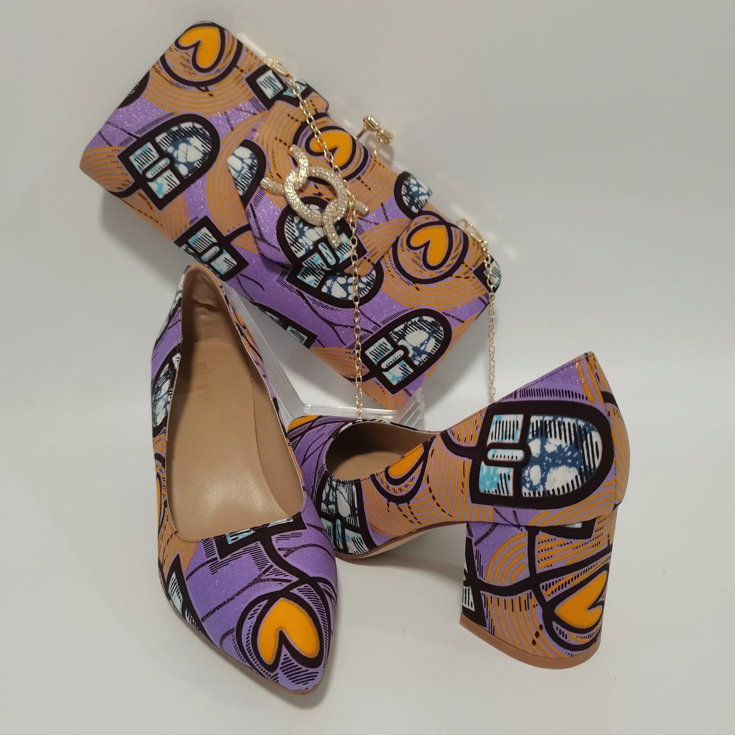 African Ankara Women’s Block Heel Shoes & Purse Set - Nigerian-Inspired Pointed Toe Fashion Accessories