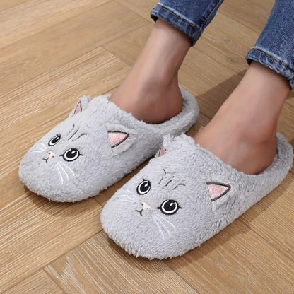 Women’s Cartoon Cat Plush Slippers - Cozy Winter Indoor House Shoes with Soft Non-Slip Warm Sole