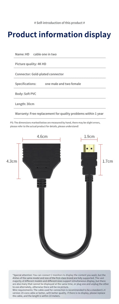 HDMI HD Cable Splitter – 1080P 2-Port Y Splitter, 1 In 2 Out Adapter for LCD TV, PS3, HDMI-Compatible Devices