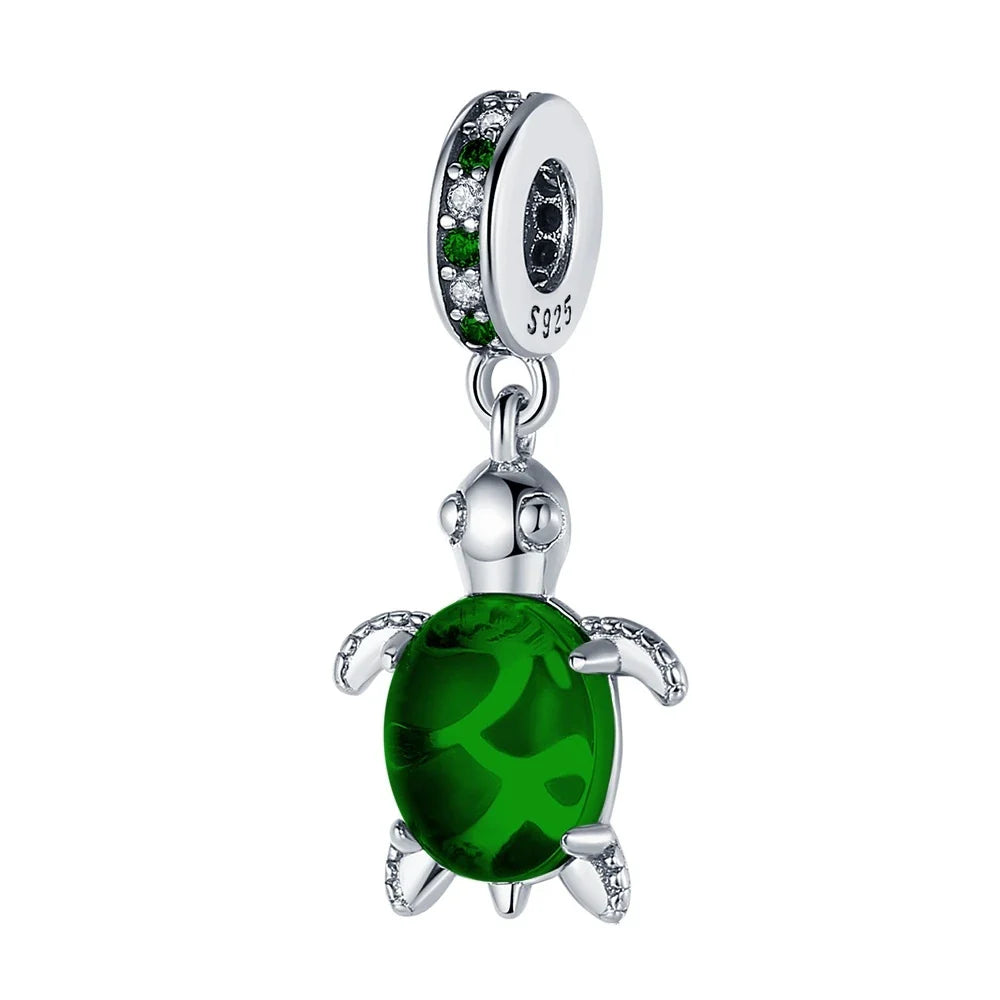 925 Silver Plated Murano Glass Sea Turtle Dangle Charm - Colorful Pink & Blue Jewelry for Women's Bracelet