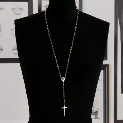Rosary Beads Cross Necklace – Catholic Virgin Mary Pendant Chain Religious Jewelry Gift for Men & Women Prayer Charm
