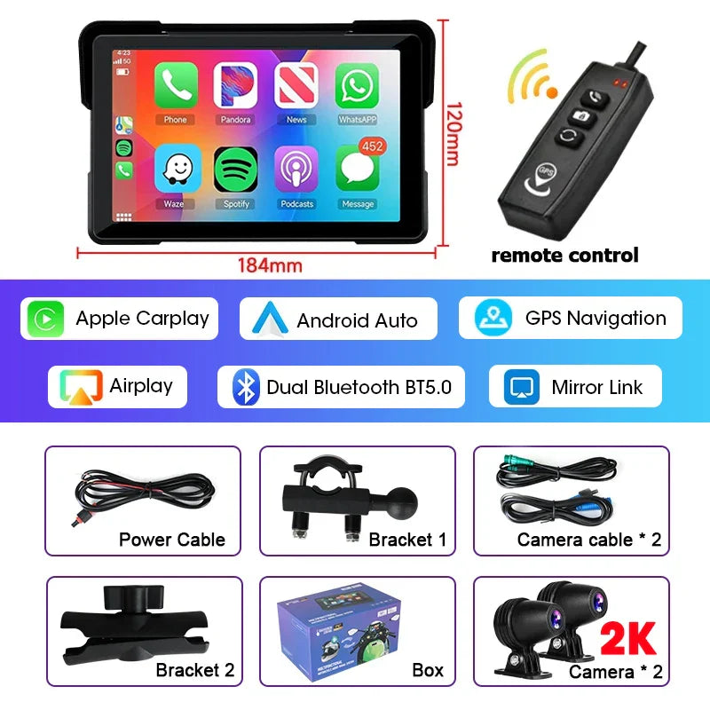 5/7 Inch Motorcycle CarPlay DVR Navigation GPS Monitor – Wireless Android Auto, Airplay, IPX7 Waterproof Portable Display