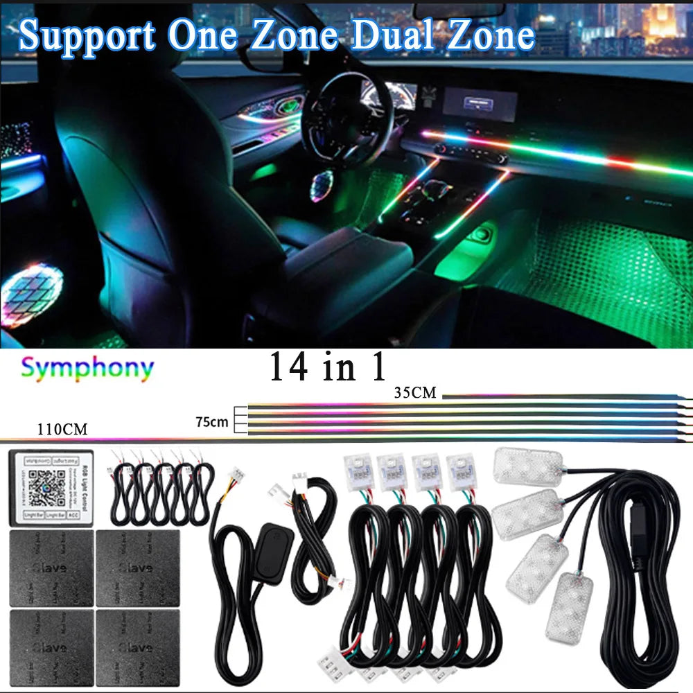 14/18 in 1 RGB LED Car Ambient Light - Acrylic APP Controlled Interior Atmosphere Lamp Kit with 64/213 Colors for One & Dual Zone Lighting