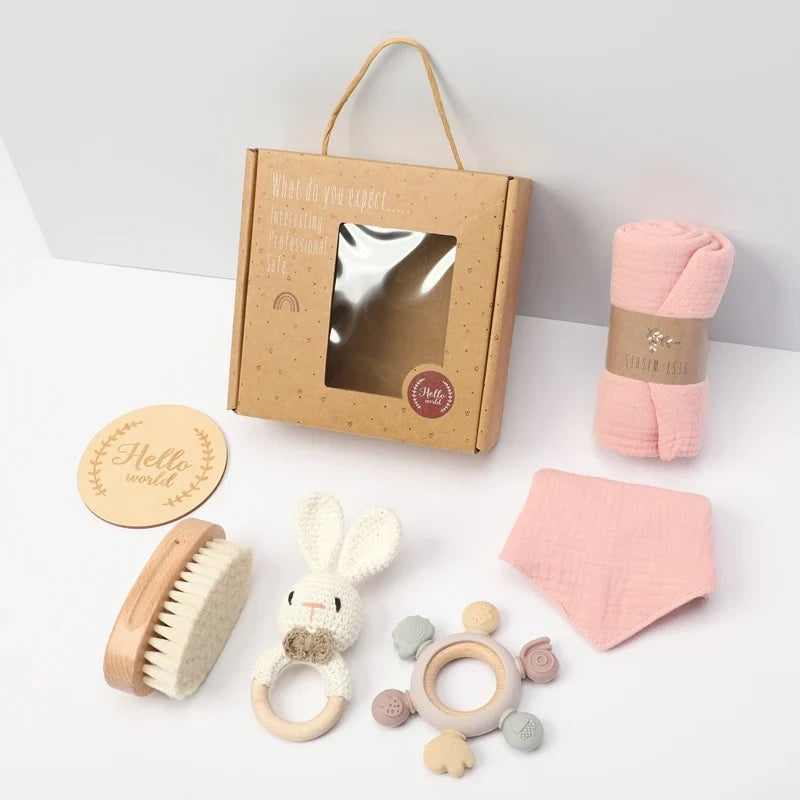 Newborn Baby Bath Gift Set - Cotton Blanket, Saliva Towel, Rattle Toy & Soft Brush Kit