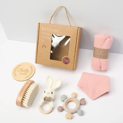 Newborn Baby Bath Gift Set - Cotton Blanket, Saliva Towel, Rattle Toy & Soft Brush Kit