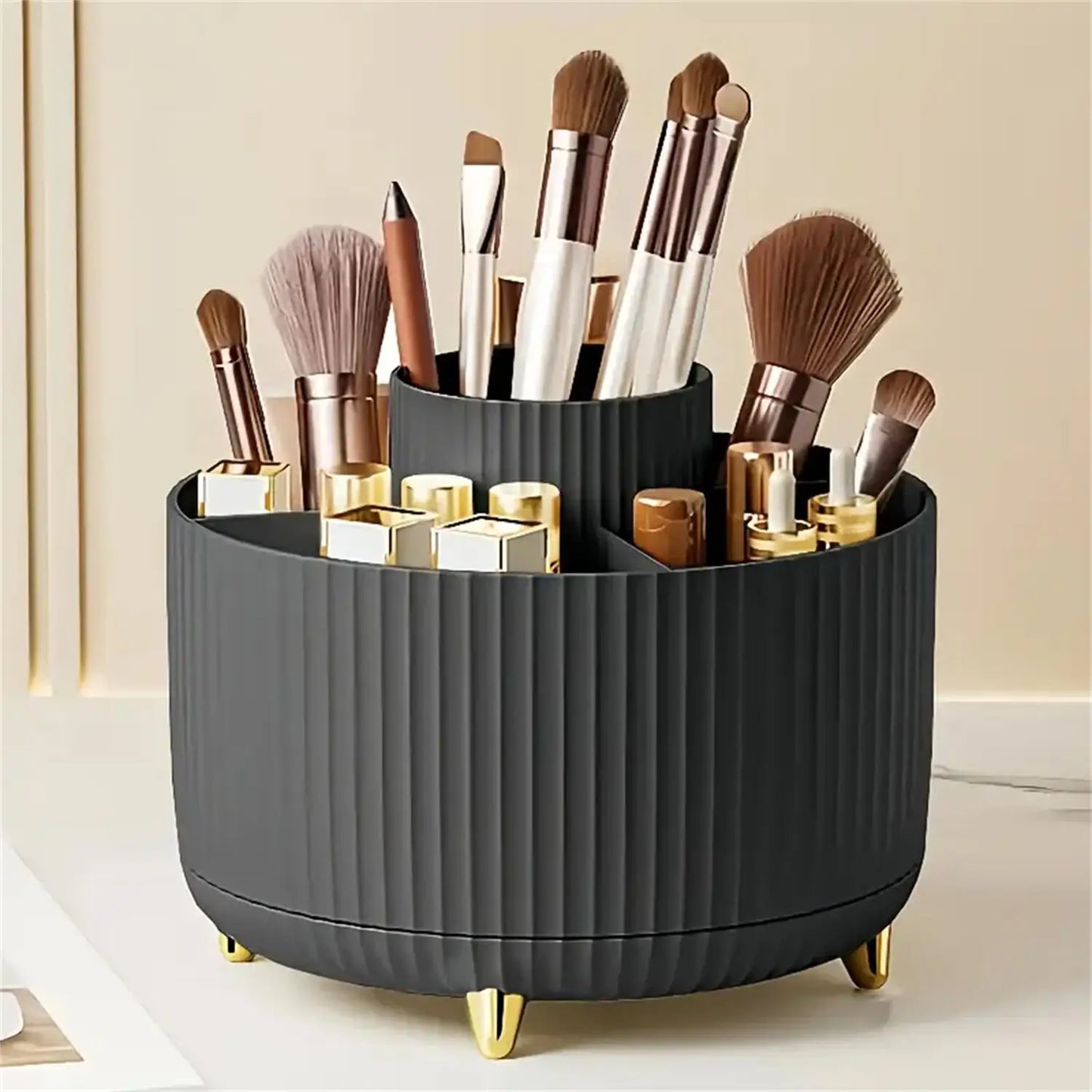 360° Rotating Makeup Organizer - 5 Compartment Plastic Cosmetic Holder for Brushes & Beauty Storage
