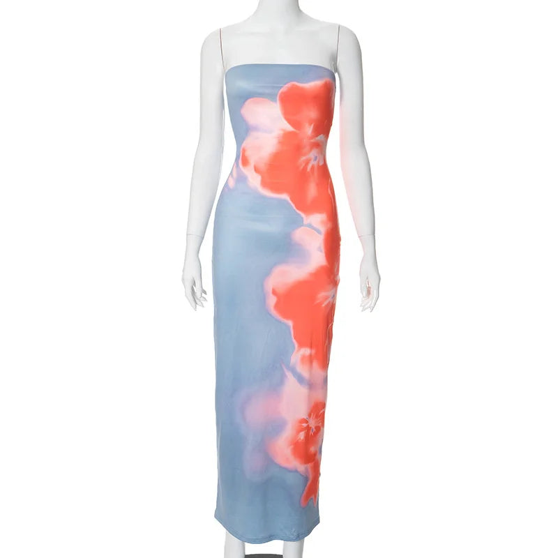 Women’s Strapless Printed Maxi Dress - Off Shoulder Backless Stretch Summer Beach Y2K Sundress