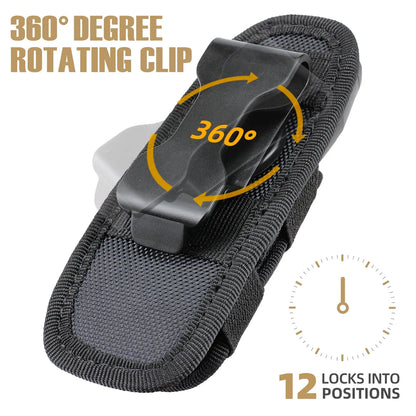 Tactical Flashlight Pouch Holster - Rotatable Holder with Belt Clip and 360-Degree Carabiner Reel Clip