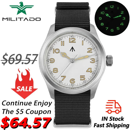 Militado ML08 Vintage Quartz Watch - VH31 Movement 38mm Sapphire Crystal Wristwatch with C3 Green Luminous Dial