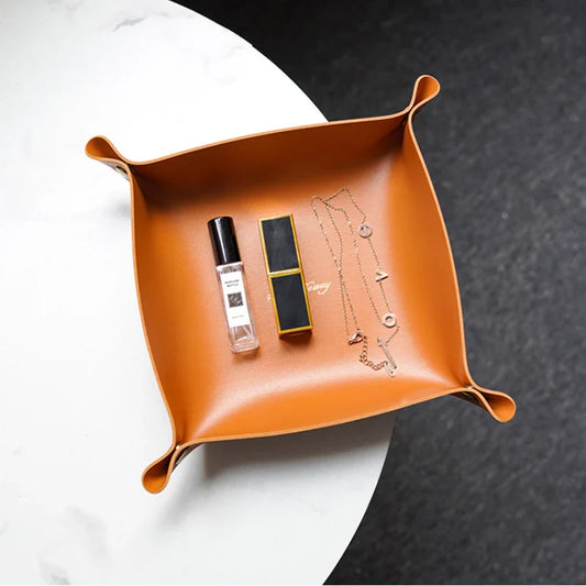 Nordic Style Leather Desktop Storage Tray — Folding Organizer for Keys, Jewelry, Cosmetics, and Home Decor