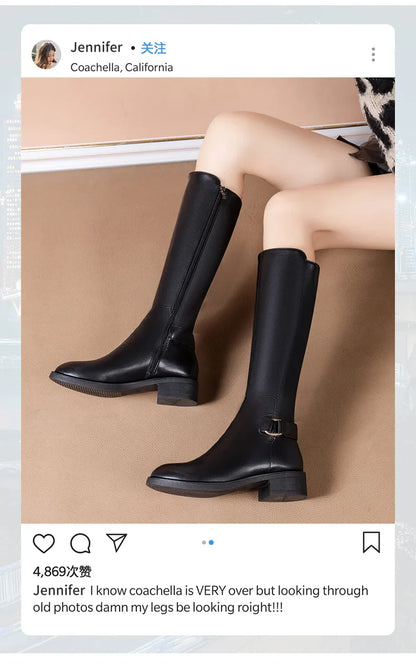 Women’s Black PU Leather Knee-High Boots – Metal Buckle, Fashion Outdoor Long Shoes, Size 34-41