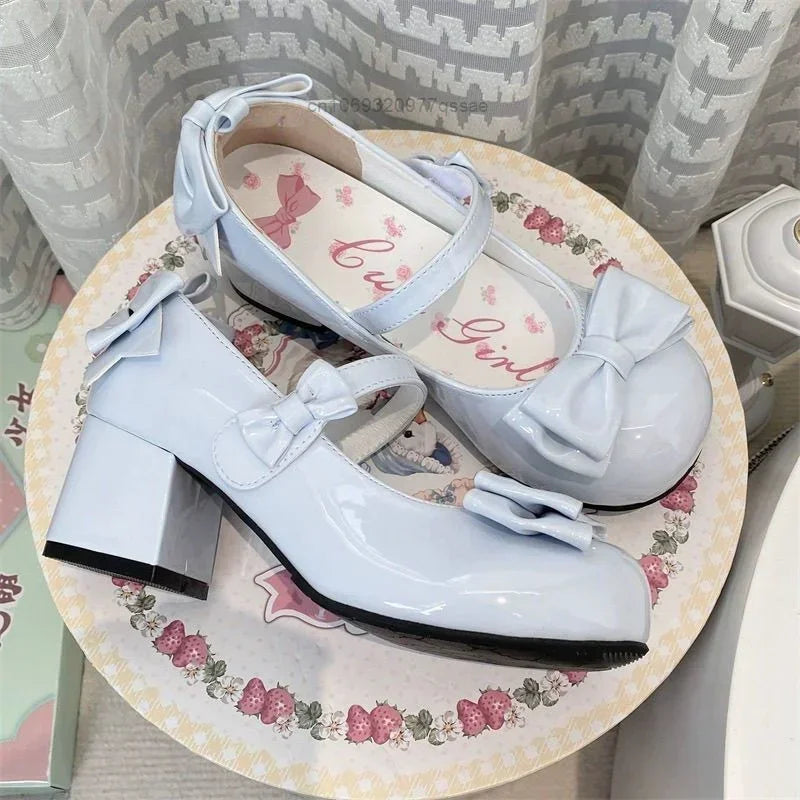 2024 Lolita Style Round Toe Mary Jane Pumps – Cute Bow Midi Heels for Women, Sweet Party PU Shoes