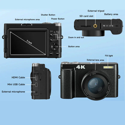 4K Digital Camera – 48MP Compact Vlogging Camera with 180° Flip Screen, Autofocus & Anti-Shake
