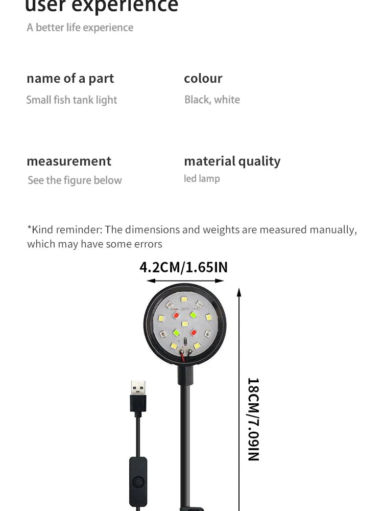 LED Aquarium Light with Adapter – Clip-On Full Spectrum USB Light, 360° Rotating for Fish Tanks