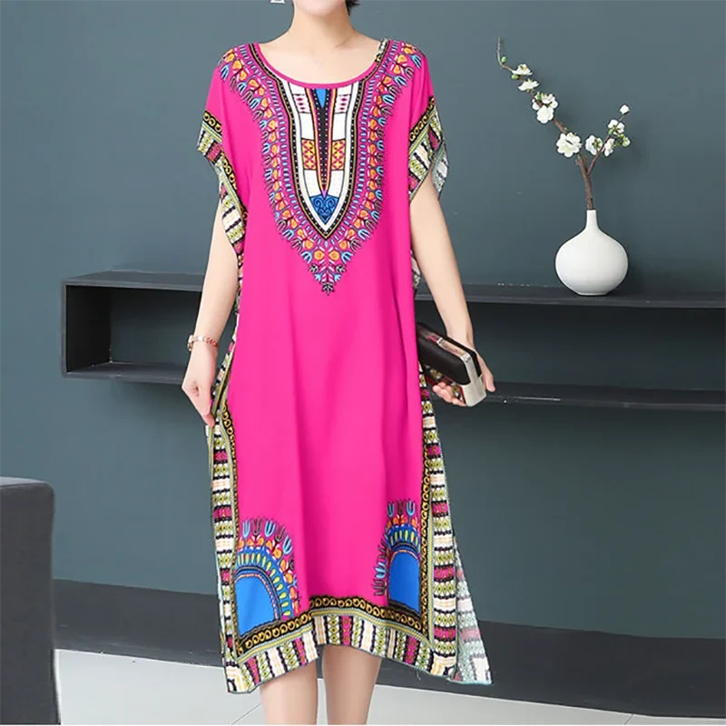 Women’s Bohemian Floral Tunic Dress - Retro Ethnic Print Batwing Sleeve Loose Summer Maternity Streetwear