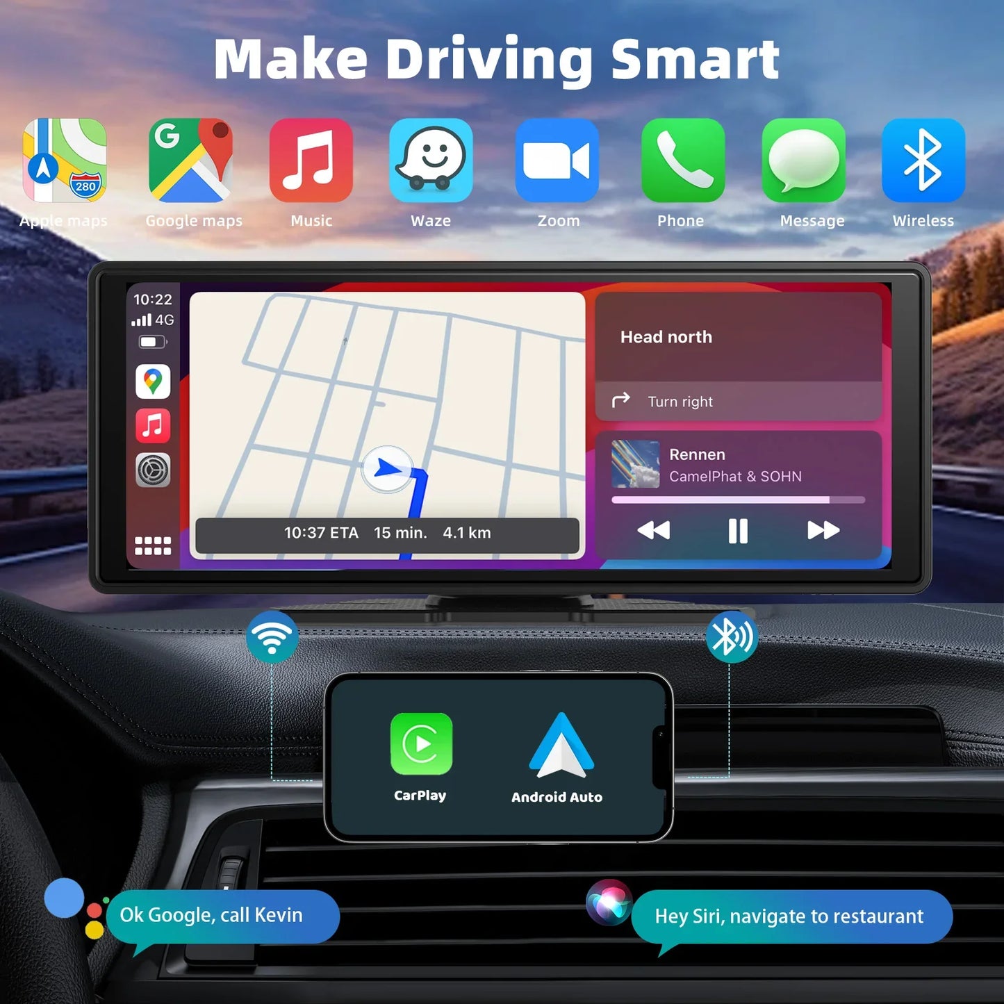 Universal Portable CarPlay Screen - Wireless Car Stereo with Android Auto, Car Touchscreen for All Cars