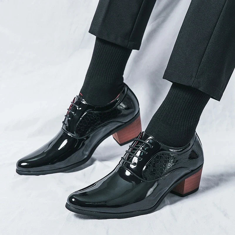 Men’s Pointed High Heel Leather Shoes - British Business Wedding Dress Shoes with Height-Increasing Design