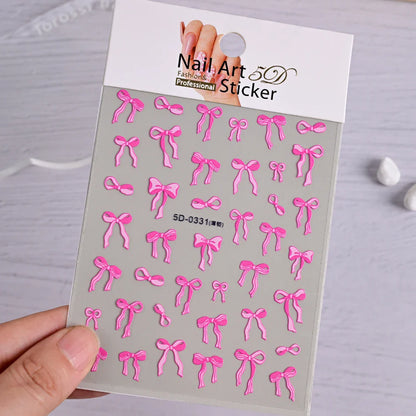 5D Pink & White Bowknot Nail Stickers – Self-Adhesive Kawaii Ribbon Nail Art Decals for DIY Manicure & Nail Decoration