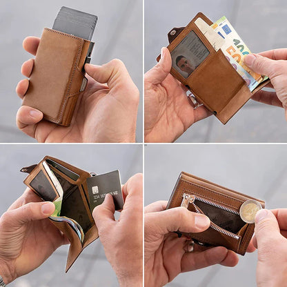 Pop-Up Credit Card Case with RFID Protection – Genuine Leather Wallet for Men & Women, Compartment for Notes and Coins