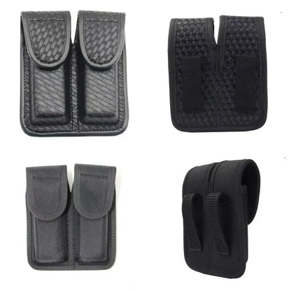 Tactical Black Basketweave Double Magazine Pouch - Leather Handgun Mag Holder with Snap Closure