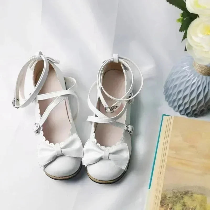 HoneyCherry Lolita Princess Shoes – Women’s Cute Flats with Bow, Cross Straps & Low Round Design