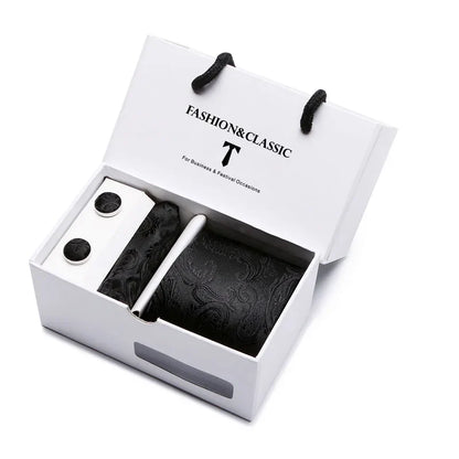 Black Paisley Tie Set - Men's Necktie, Pocket Square & Cufflinks Gift Box for Weddings & Formal Wear