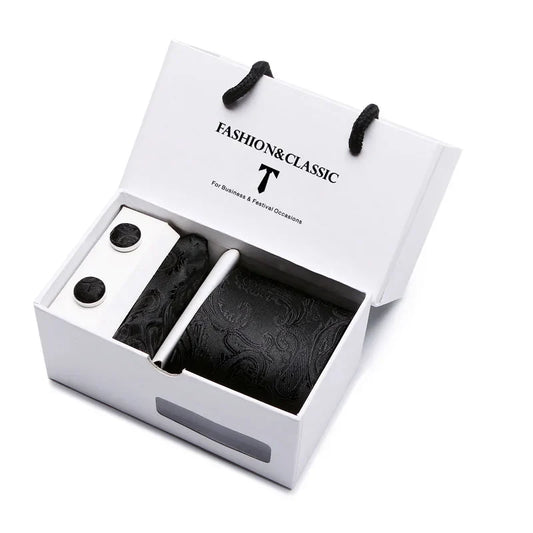 Black Paisley Tie Set - Men's Necktie, Pocket Square & Cufflinks Gift Box for Weddings & Formal Wear