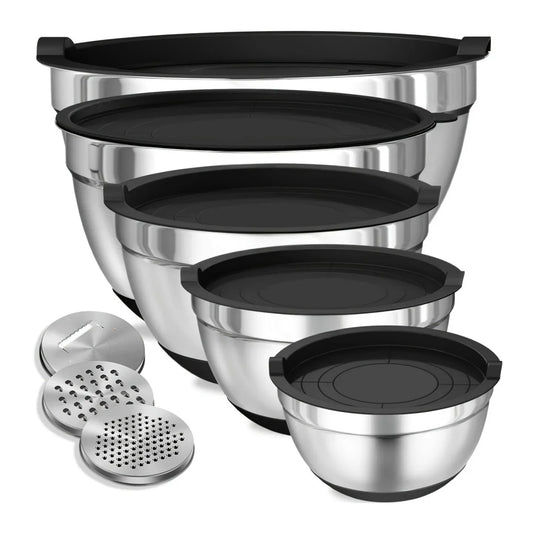 8PCS Stainless Steel Mixing Bowl Set – Airtight Lids, Non-Slip Bottoms, Black Kitchen Bowls for Baking & Serving