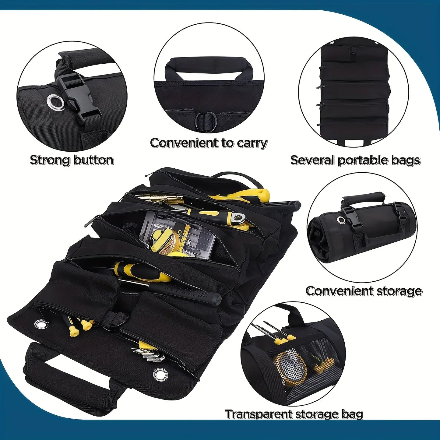 Roll-Up Tool Bag Organizer - Heavy-Duty Portable Tool Bag with 6 Detachable Pouches