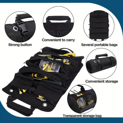 Roll-Up Tool Bag Organizer - Heavy-Duty Portable Tool Bag with 6 Detachable Pouches