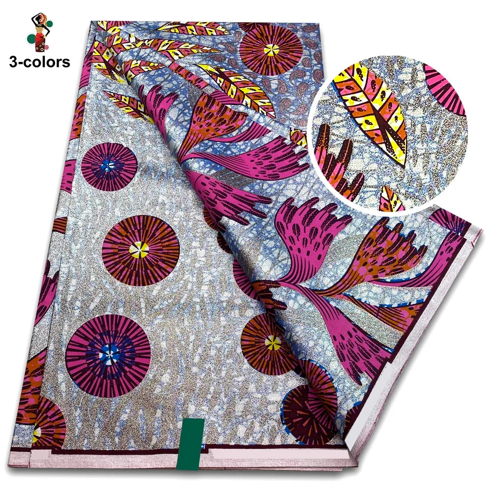 African Glitter Golden Wax Fabric - Nigerian Ankara Gold Print 6 Yards Sewing Material