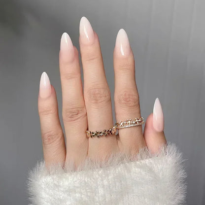 24Pcs French Press On Nails - Almond Fake Nail Tips with Glue, White Edge Design & Pink Stiletto Style Manicure Set