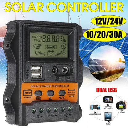 Solar Charge Controller 12V/24V PWM MPPT - LCD Display Battery Regulator with Timer Settings (10A–100A)