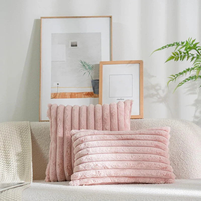 Faux Rabbit Fur Square Cushion Cover – Thick Striped Super Soft Solid Color Pillow, 45x45cm Sofa Decor