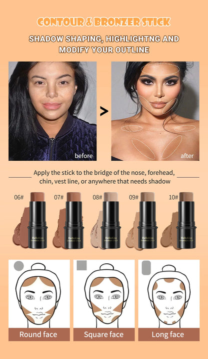 Face Brown Bronzer Contour Stick - Foundation Makeup Pen, Long-Lasting Smooth Contour, Shadow Blusher & Highlight Concealer Cosmetics