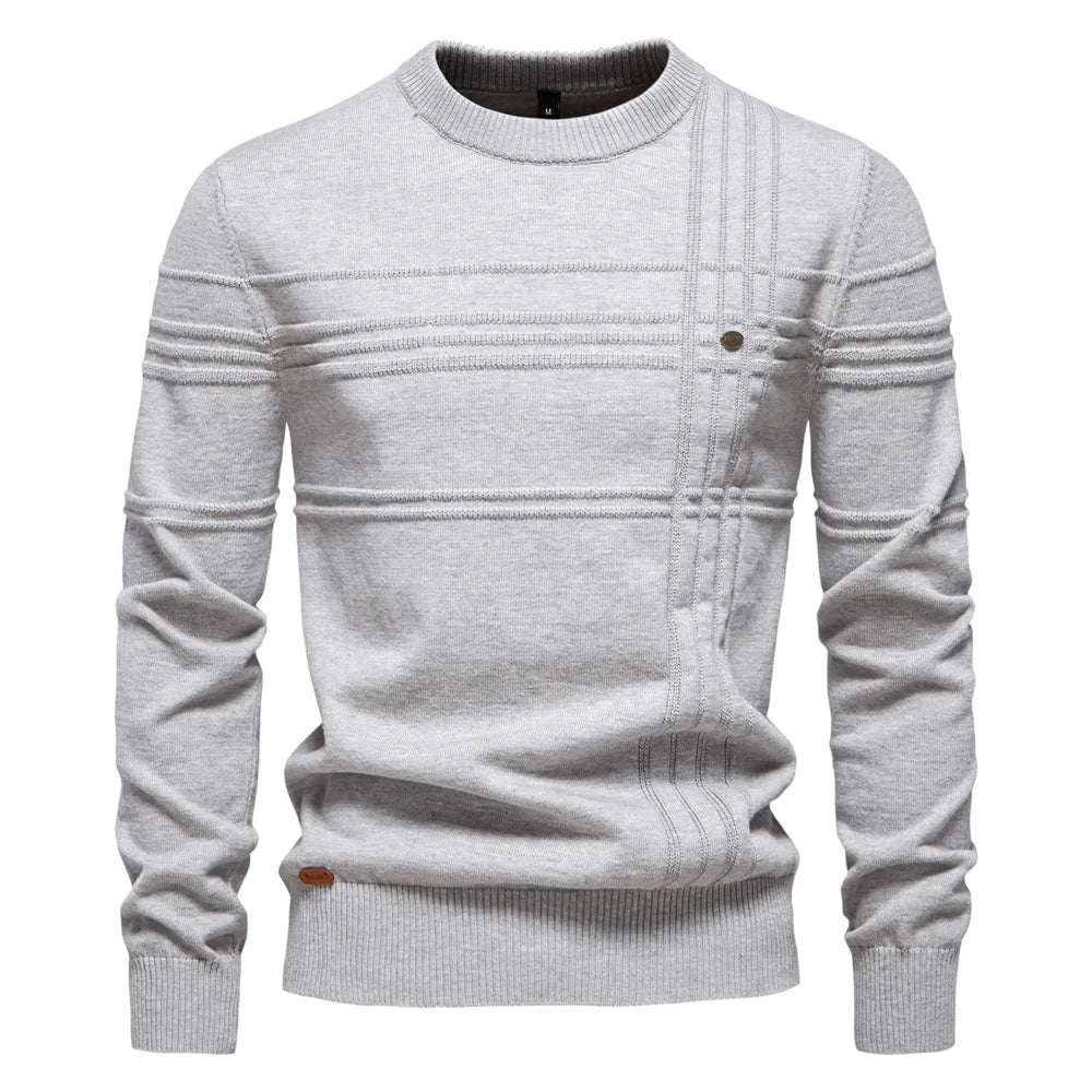 AIOPESON Men's Crewneck Sweater - Striped Cotton Knit Pullover Autumn Winter Warm Casual Top