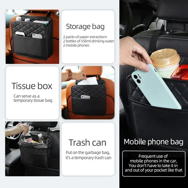 2024 Multi-Functional Car Seat Storage Bag – Leather Garbage & Storage Bag, Portable Trash Can for Most Car Models