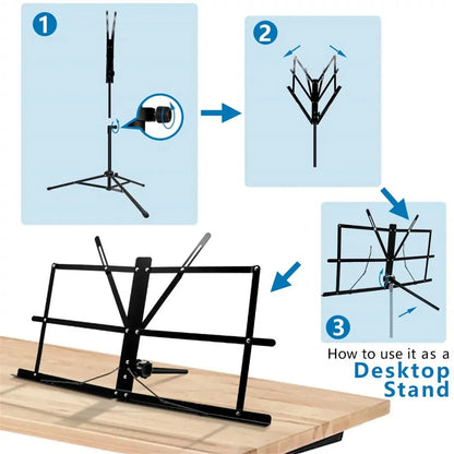 2-in-1 Folding Music Stand – Dual Use Portable Sheet Music & Desktop Book Stand, Lightweight and Adjustable