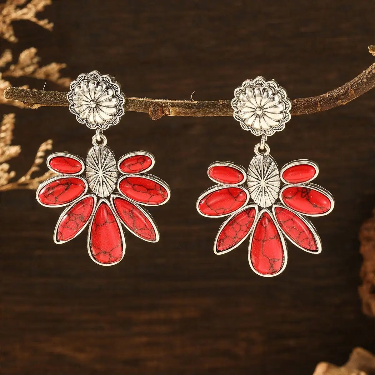 Vintage Tribal Gemstone Earrings - Women's Ethnic Style Rose Red Blue Fashion Jewelry Gift