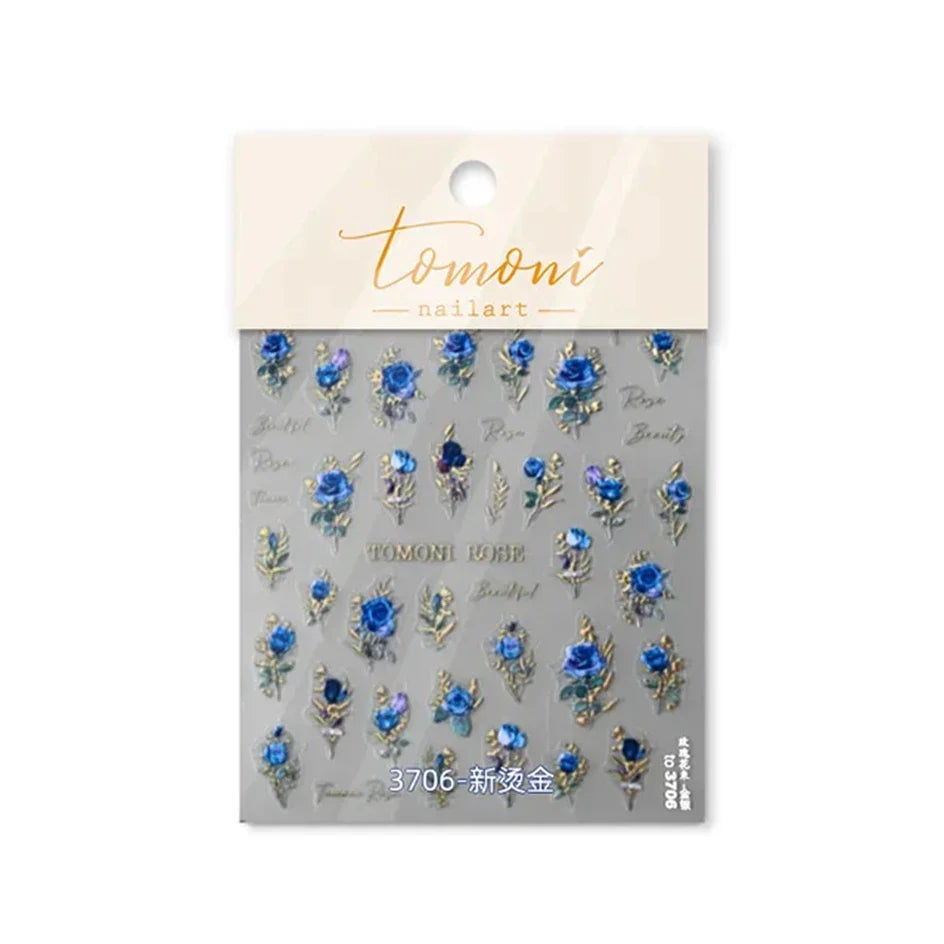 Vintage Rose Flower Nail Stickers – Red & Blue Laser Gold/Silver Nail Art Decals for Manicure Design DIY Beauty Tool