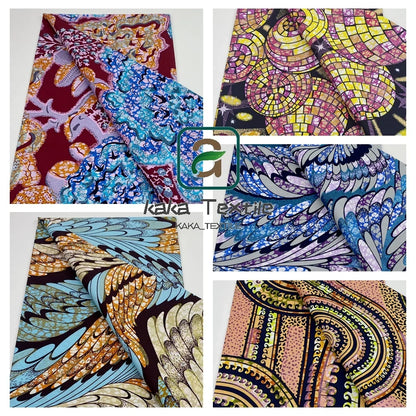 African Golden Glitter Wax Fabric - Soft Cotton Ankara Gold Print Batik 6 Yards