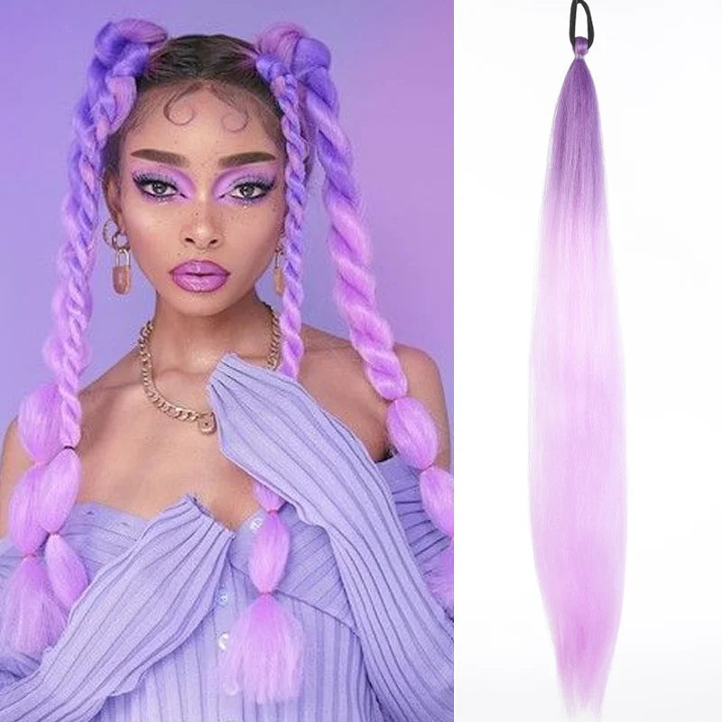 26" Synthetic Ponytail Extension - Long Straight Ombre Pink Purple Blue Hair with Elastic Tie