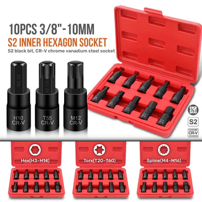 Hi-Spec 10PC 3/8-Inch Drive Socket Set - Torx, Hex & Spline Auto Repair Tool Kit with Red Case