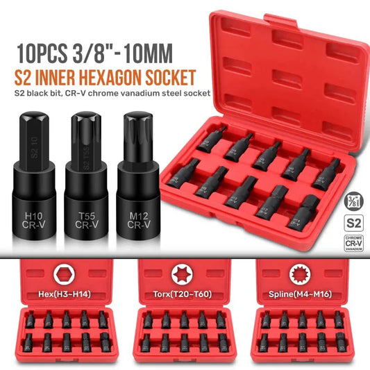 Hi-Spec 10PC 3/8-Inch Drive Socket Set - Torx, Hex & Spline Auto Repair Tool Kit with Red Case