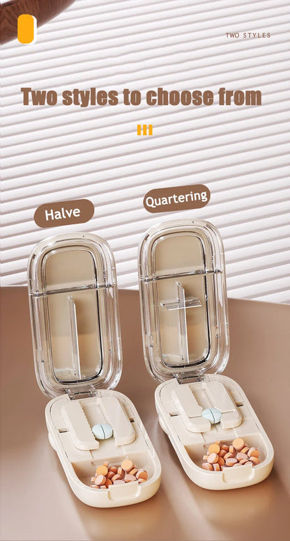 Newest Quartering Pill Cutter & Storage Box – Portable Dustproof Medicine Divider Organizer & Crusher
