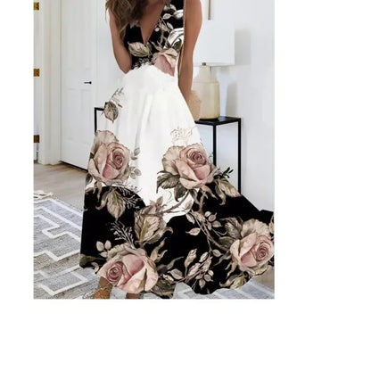 Women's Summer V Neck Maxi Dress - Sleeveless High Waist Elegant Print Dress for Office & Holiday Wear