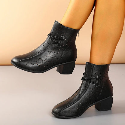 Women’s Hollow-Out Ankle Boots - 2025 Summer Retro Mid-Heel Soft Sole Breathable Shoes