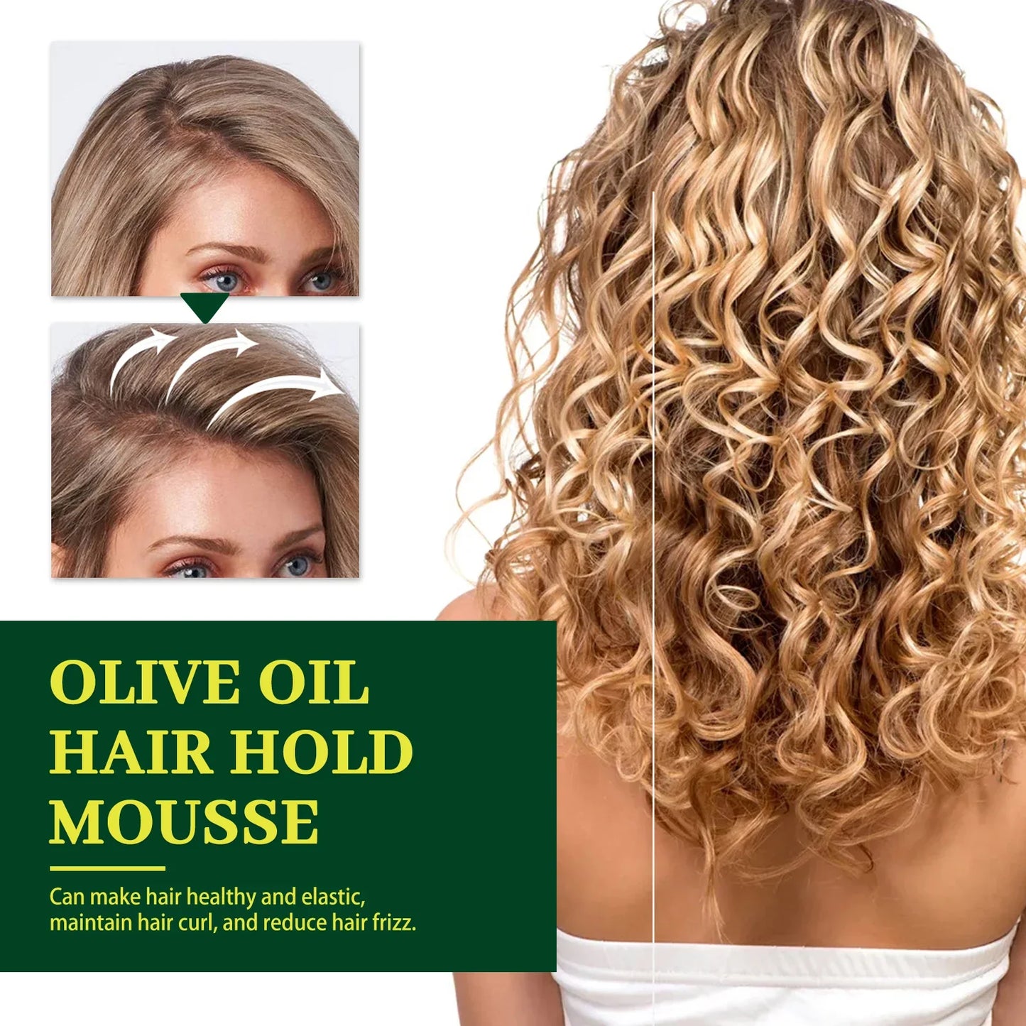 Olive Oil Hair Styling Mousse - Long Lasting Curl Hold Formula for Frizz Control, Smoothness & Hair Breakage Protection