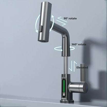 Waterfall Temperature Digital Display Basin Faucet | Lift Up Down Stream Sprayer | Hot Cold Water Sink Mixer Wash Tap | Bathroom Fixture